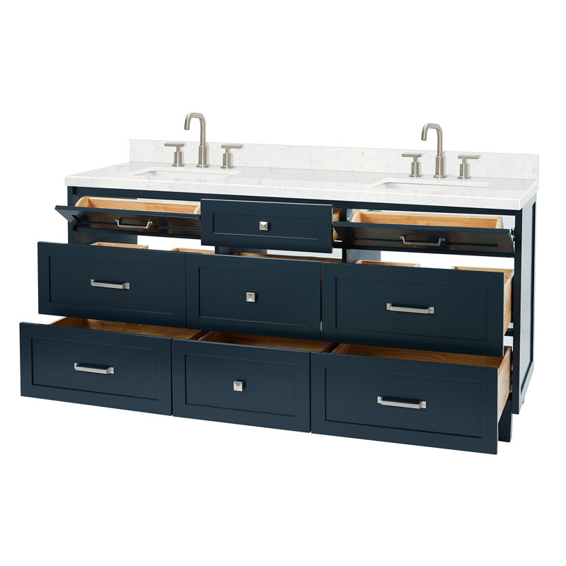 ARIEL Monroe 72 Double Sink Bathroom Vanity with Carrara Quartz Top, Midnight Blue