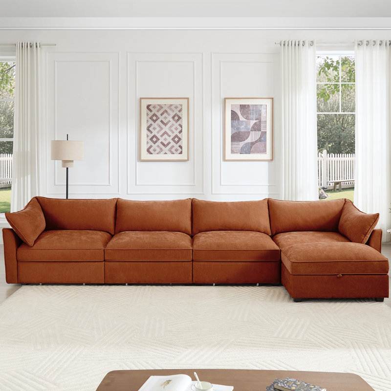 Canapé modulaire en L 4 places, canapé 4 places avec 1 repose-pieds mobile, accoudoirs en forme de croissant et coussins de dossier et d'accoudoirs enveloppants, chenille