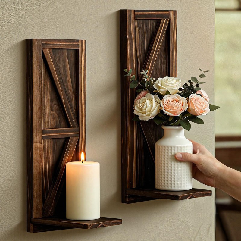 Ensemble de 2 appliques murales en bois de style ferme, marron, Brun