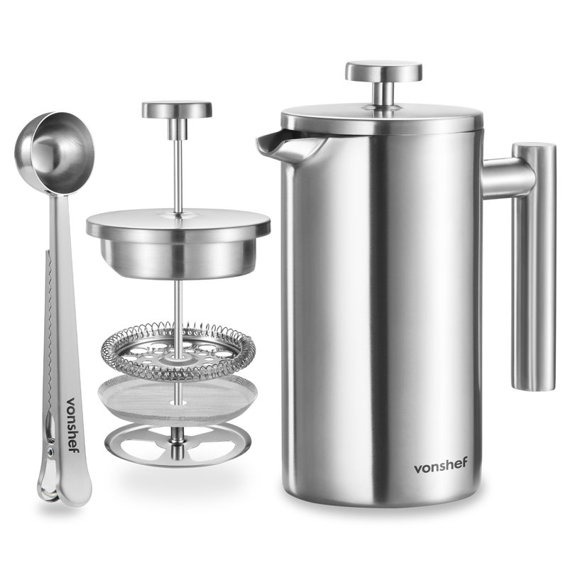 VonShef 6 Cup Cafetiere, 0.8 L, Silver