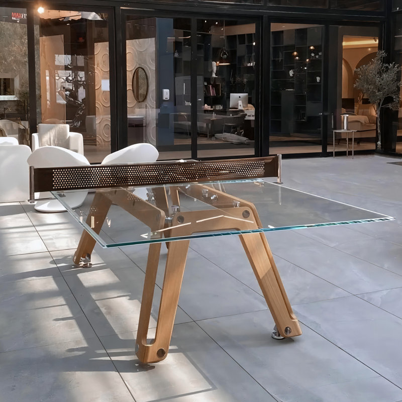 Table de tennis de table d'intérieur haut de gamme avec verre trempé transparent et bois de noyer