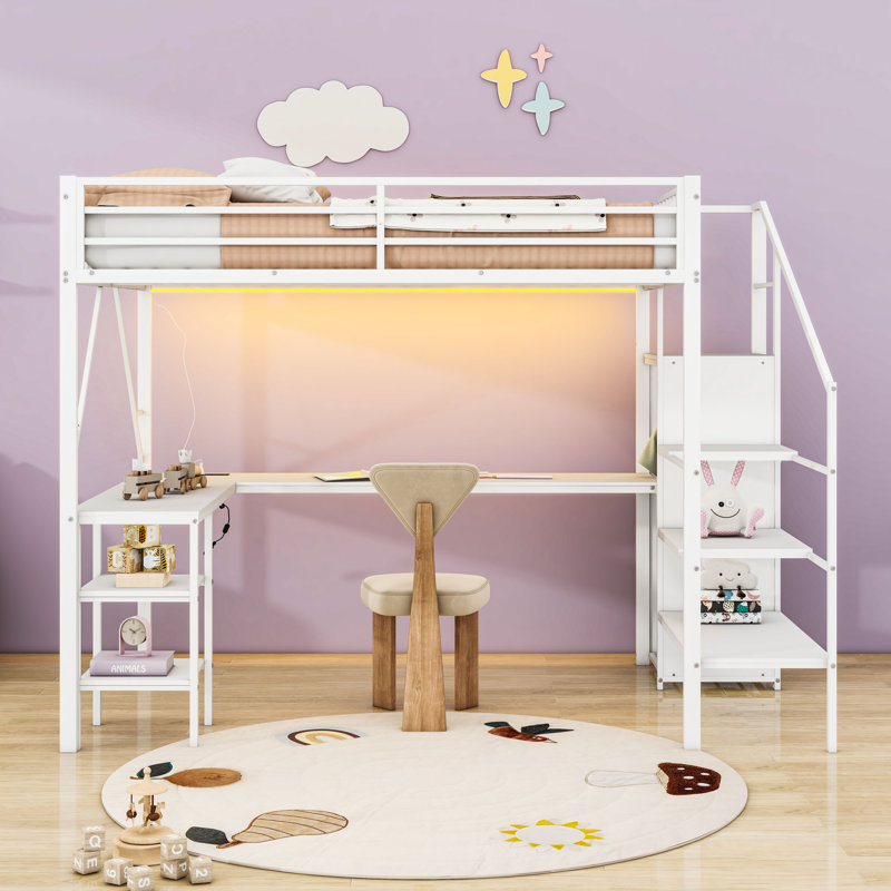 Full Loft Bed with Desk, Wardrobe, USB Charging Station, and LED Lighting