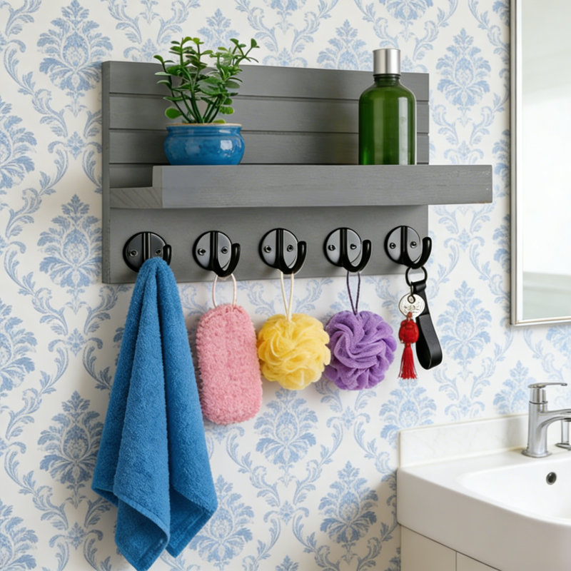 Porte-clés pour mur, porte-clés décoratif et porte-courrier avec tablette avec grands crochets pour les sacs, Gris