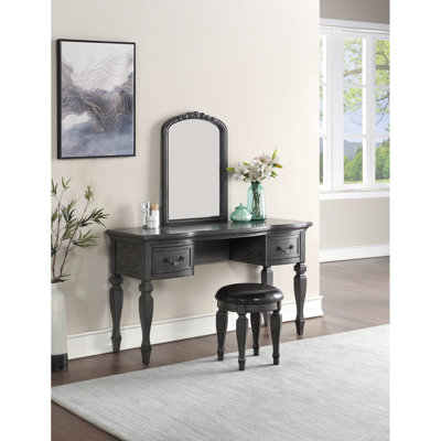 Classic Bedroom Vanity In Antique Grey With Wood Mirror And Padded Stool Veneer Nailhead Trim - Storage