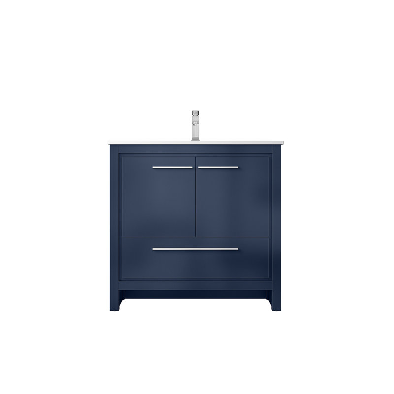 Meuble-lavabo bleu marine 36 po X P 20 po D, dessus en quartz blanc et robinet chromé, Marine