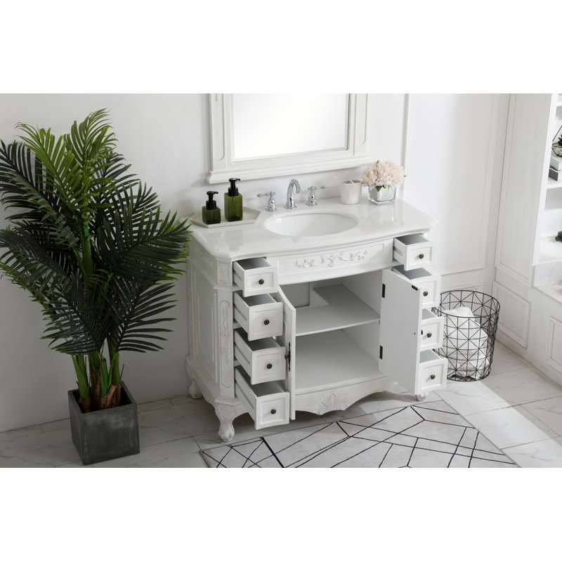 Lunette 42'' Single Bathroom Vanity with Engineered Marble Top, White, White