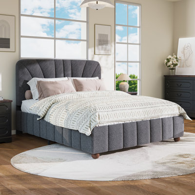 Full Size Boucle Bed Frame Upholstered Bed Frame with Adjustable Headboard, Solid Wood Slats Support, No Box Spring Needed, Easy Assembly