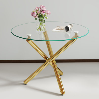 36" Round Glass Dining Table for 2 4 People, Modern Glass Kitchen Table with Metal Cross Legs, Space Saving Circle Dinner Tables for Dining Room, Kitchen,Office