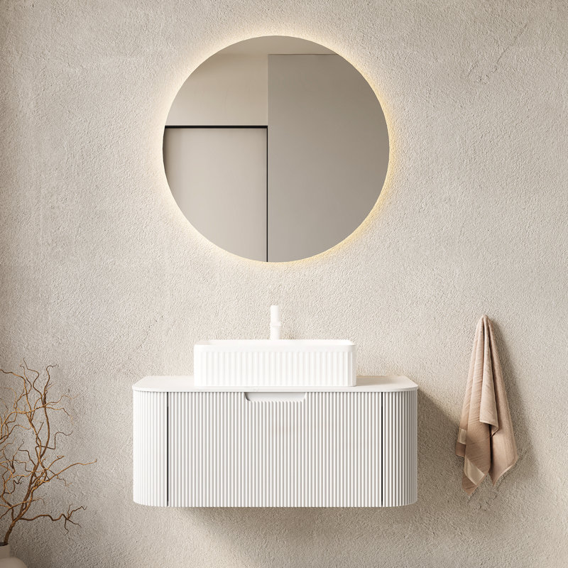 Meuble-lavabo de 36 po de style flottant avec lavabo rectangulaire en céramique blanche, pierre frittée, tiroir en contreplaqué à rayures 3D, tiroir à fermeture en douceur facile à installer avec armoire, rangement, système, pré