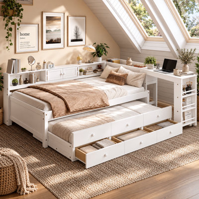 Haven Twin Size L-Shaped Corner Daybed with Pull-Out Trundle Bed, Built-in Study Desk & Cabinet Shelves, Space Saving Base