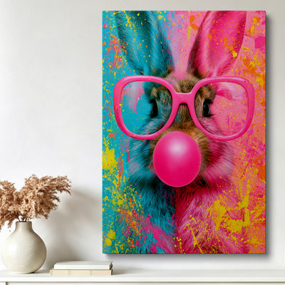 Tableau sur toile de style pop art moderne représentant un lapin à la gomme à mâcher fantaisiste (45,7 x 30,5 cm) - Décoration pour chambre d'enfant