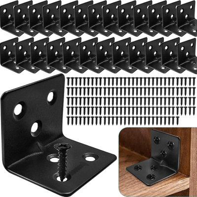 26PCS Black L Corner Brackets For Wood + 156PCS Screws, Stainless Steel Corner Braces Metal Small L Brackets For Shelves, Heavy Duty Angle Brackets For Raised Bed Table Leg Bed Frame Cabinet
