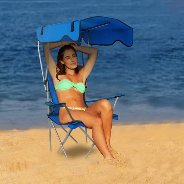 Chaise de plage pliable avec auvent de protection contre le soleil pour camping, chaise pliante avec charge 330LBS et porte-gobelet pour pique-nique à la plage
