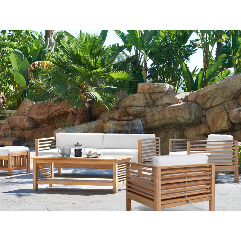 Summer 5-Piece Teak Outdoor Patio Deep Seating Set, Natural, Canvas White Sunbrella® Canvas
