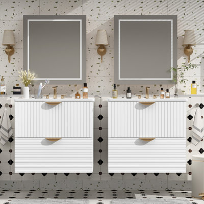Ensemble de meuble-lavabo mural 48 po avec deux lavabos et tiroirs en céramique