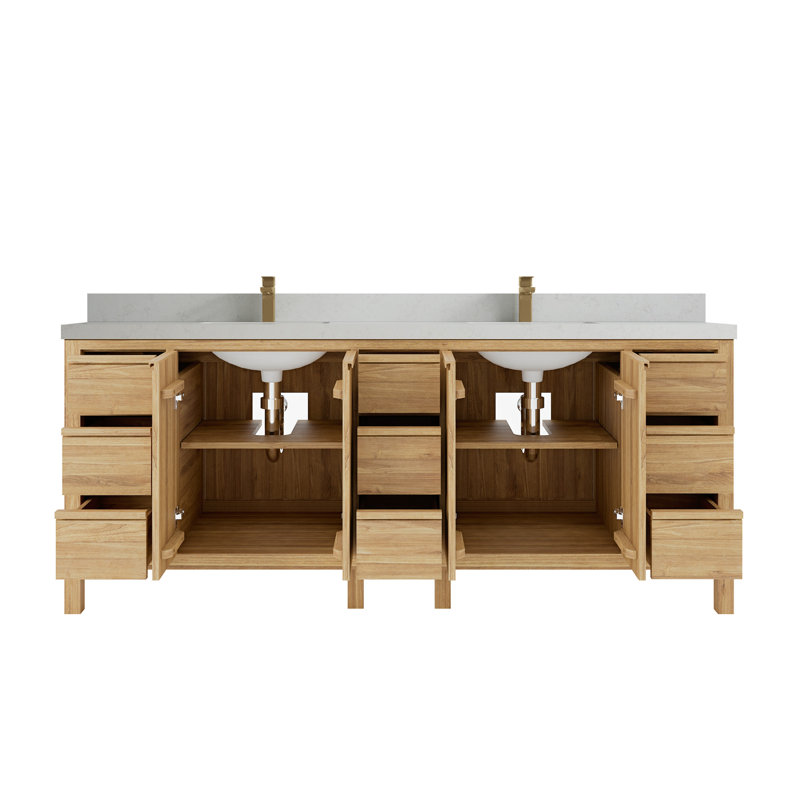 Ensemble de meuble-lavabo double 84 po Elizabeth, Quartz de Carrare, Brun clair