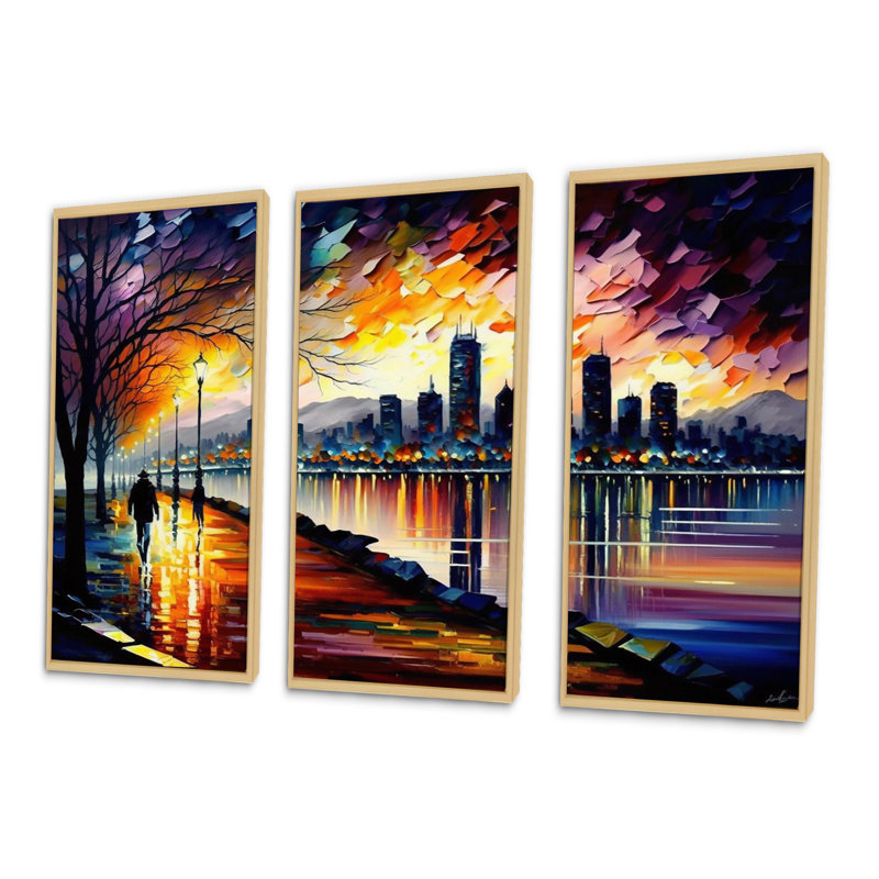 «Vancouver Skyline At Sunset II», reproduction sur toile 3 pièces, H 32 po x l 48 po x P 1 po, Cadre naturel flottant