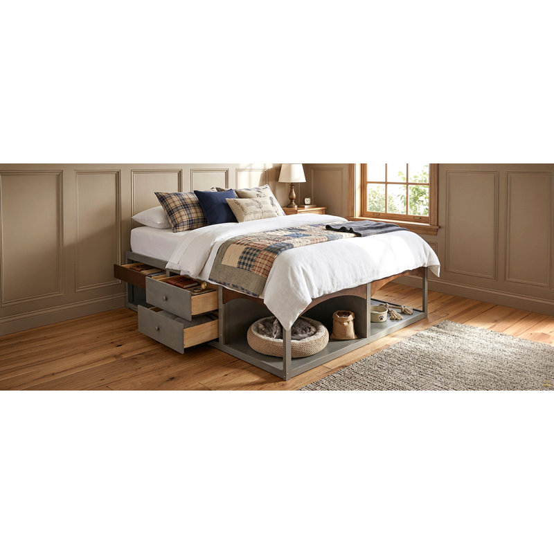 Structure de très grand lit avec tiroirs de rangement, lit plateforme sans tête de lit, conception adaptée aux animaux de compagnie, aucun sommier tapissier requis, style minimaliste moderne - gris antique