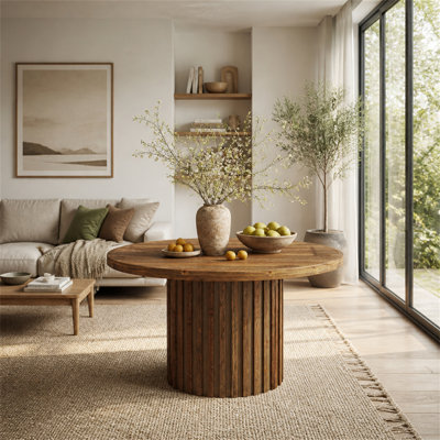47" Round Solid Wood Dining Table for 4, Farmhouse Kitchen Table with Fluted Pedestal Base