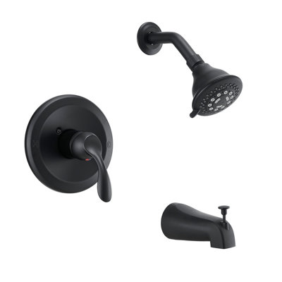 Robinet de baignoire et douche noir mat avec pomme de douche à 5 jets, valve à pression équilibrée et bec inverseur