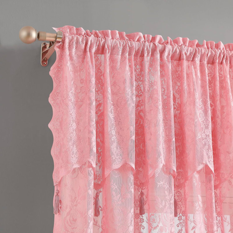 Rose Sheer Lace Window Panels with Tassels and Valance