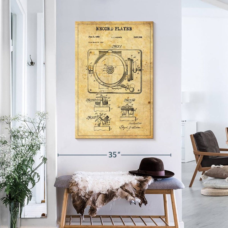 Disque tourne-disque brevet sur toile, H 36 po x l 24 po x P 1,25 po