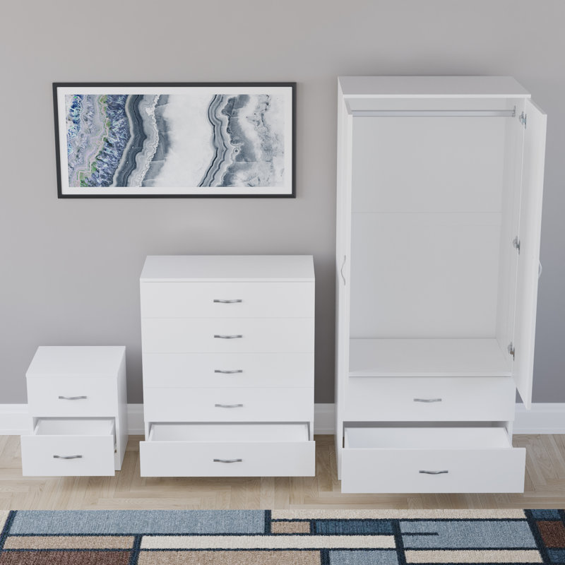 Maybery 3 Piece Bedroom Set (2 Drawer Bedside Chest, 5 Drawer Chest, 2 Door 2 Drawer Wardrobe), (4), White