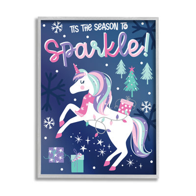 «Season To Sparkle», licorne de Noël fantaisiste, flocons de neige noirs, art numérique par estampe numérique par Angela Nickeas