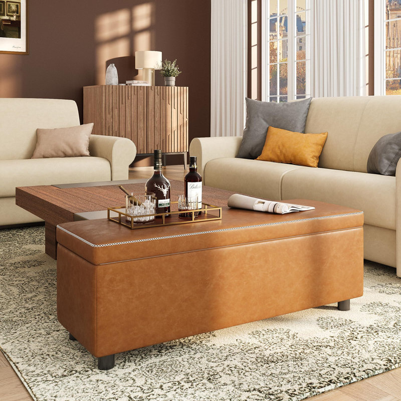 Banc de rangement avec repose-pieds, banc de rangement moderne Mid-Century pour chambre à coucher, Brun