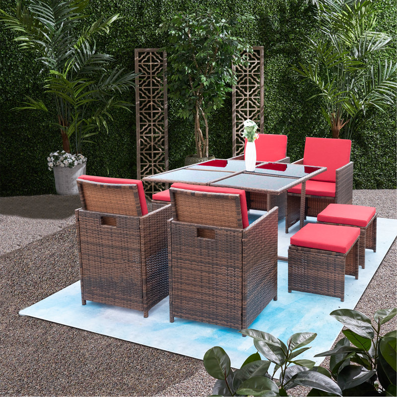 Agra 8 - Person Patio Dining Set with Square Table , Cushions Included, Red