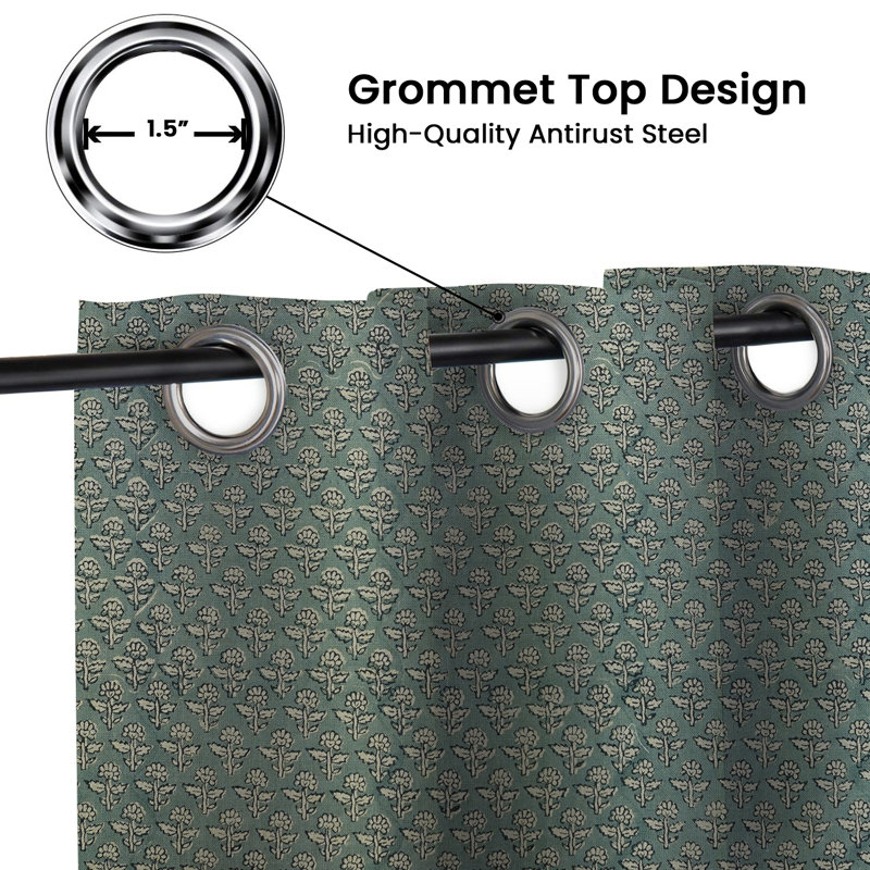 Rideau à œillets fabriqué à la main gris à motif de blocs Gulmohar, L 54 po x L 72 po