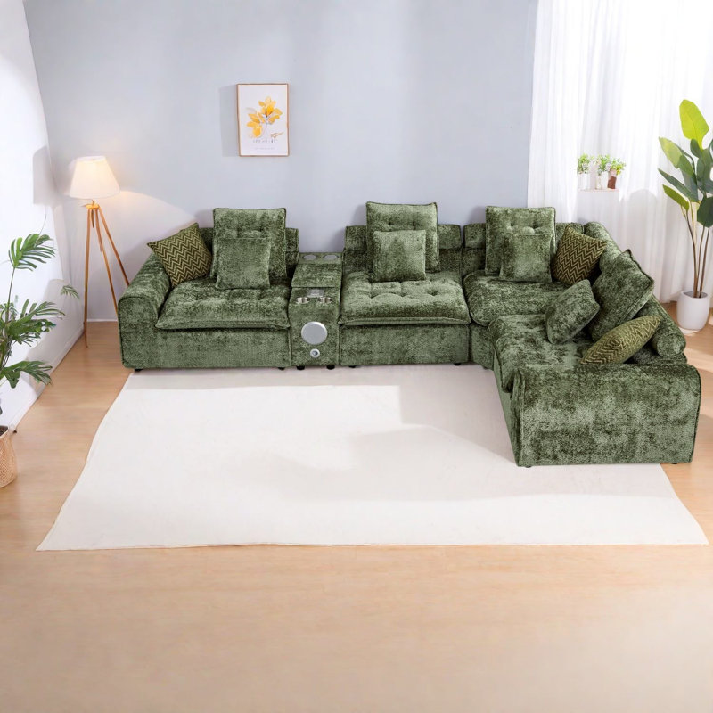 Canapé d'angle moderne en boucle verte avec rangement, modulable 137,7 pouces, Vert