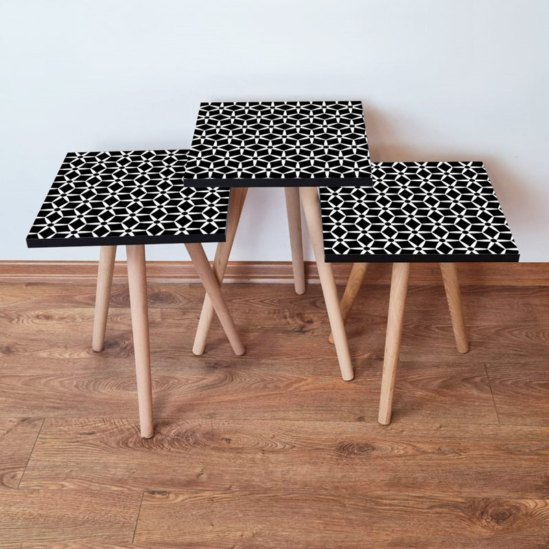Ensemble de tables gigognes modernes (3 pièces), blanc et noir, 13,8 po x 20,5 po x 13,8 po | 100% panneau de fibres à densité moyenne avec pieds en bois de hêtre, épaisseur: 0,7 pouce | Conception géométrique, élégante et fonctionnelle pour les espaces de salon et de bureau