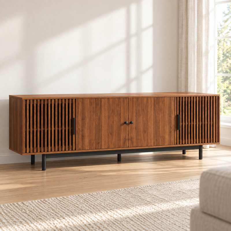 Meuble télé pour téléviseurs jusqu'à 85 pouces, console multimédia avec portes à lattes, charnières à fermeture amortie, étagères intérieures réglables, passe-câbles, meuble de rangement autoportant
