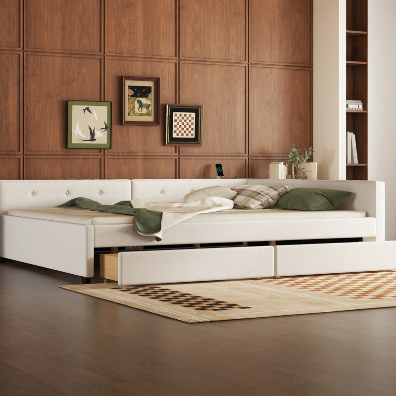Beige Queen Bed With Slot And 2 Bedside Drawers For Storage Elegant Size Upholstered Platform & Rectangular Drawers,, Queen
