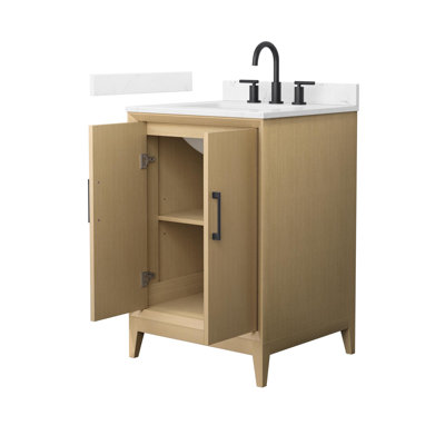 Janna 24 Inch Single Bathroom Vanity in White Oak, Carrara Cultured Marble Countertop, Undermount Square Sink (3-Hole), Matte Black Trim
