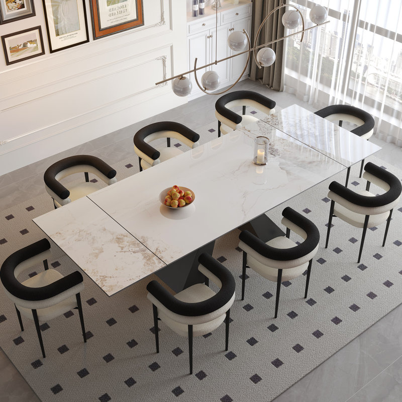 Modern Extendable Sintered Stone Dining Table With 8 Boucle Upholstered Chairs Set, Beige