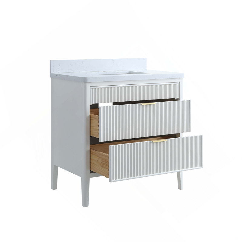 Meuble-lavabo autoportant blanc à structure simple en bois massif avec plateau en marbre d'ingénierie, 36"