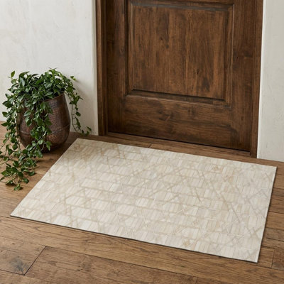 Tapis lavable à motif de losanges ivoire et beige 3 pi x 5 pi avec protection UV