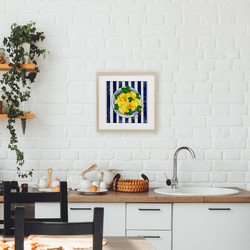 «Make Lemonade on Stripes», reproduction encadrée sous verre, design par Lori Mosley, 16" H x 16" W, Cadre de récolte en pin