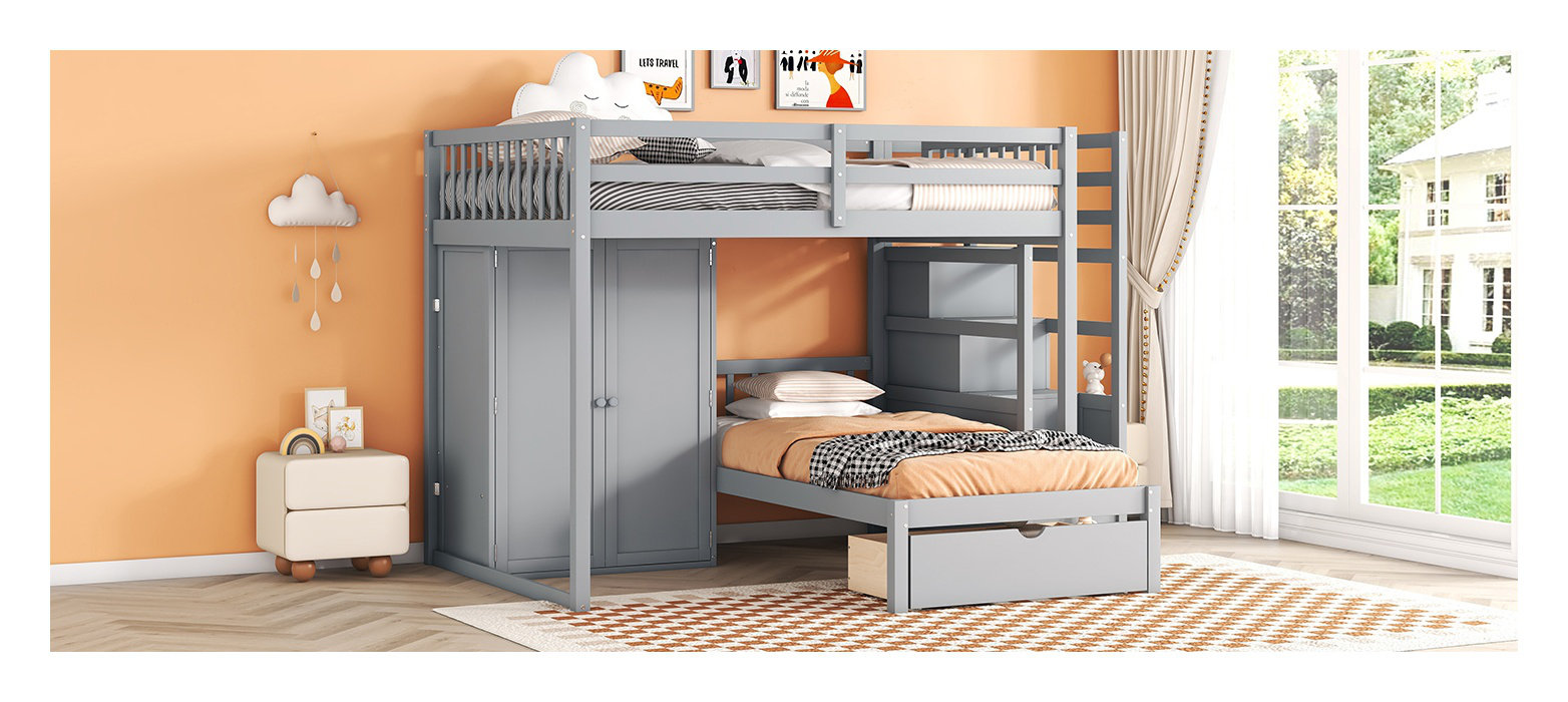 Harriet Bee Full Over Twin Bunk Bed with Staircase Storage, Wardrobe ...