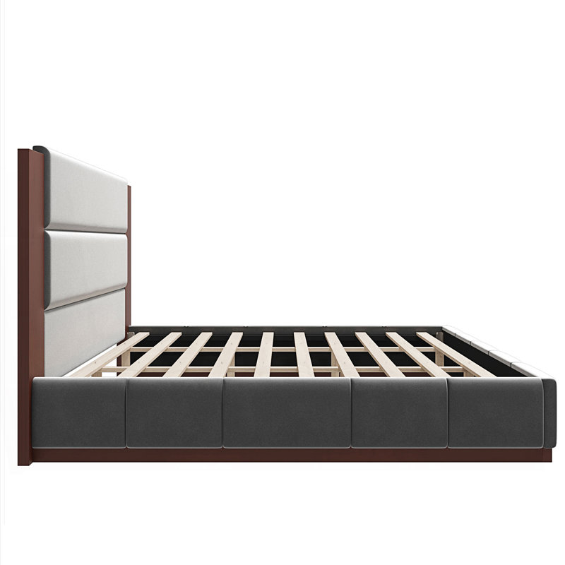 Structure de lit tapissier très grand avec tête de lit allongée, Gris