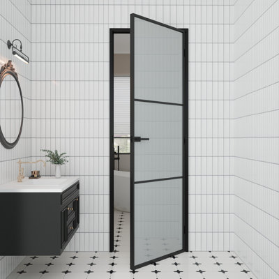 Interior 3-Lite Frosted Glass Aluminun Door Slab Black Finished With Aluminun Jamb And Knob