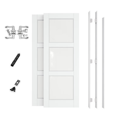 48" x 80" Interior French Door, 3-Lite Tempered Frosted Glass Doors, Complete Jamb Kit, Black Hinges, 4 Curve Levers & Latch, White Primed Paint‑Ready & Solid Core Door, Privacy & Frosted Glass