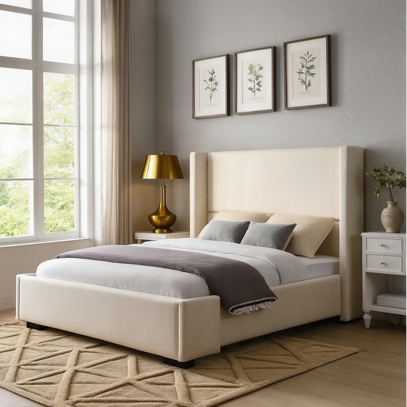 Fabric Upholstered Bed With Tall Headboard, King
