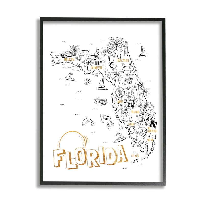 Floride, États-Unis, dessin de carte, carte de l'État de Floride, H 20 po x l 16 po x P 1,5 po, Giclée encadrée noir minuit