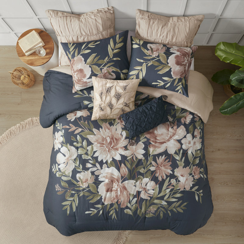 Édredon 8 pièces pour très grand lit - Bleu marine avec imprimé floral 2 taies décoratives européennes, coussins et jupe de lit