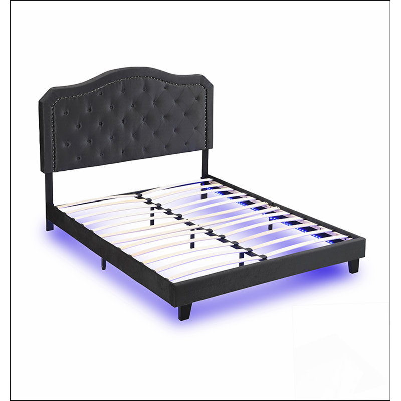 Grand lit rembourré avec capitonnage à boutons, conception incurvée, support de lattes en bois robuste et lumières DEL pour un sommeil élégant et fonctionnel