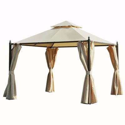 Pavillon de jardin extérieur en acier 10 pi x 10 pi avec rideaux d'intimité en polyester, toit à deux niveaux pour l'air et grande conception