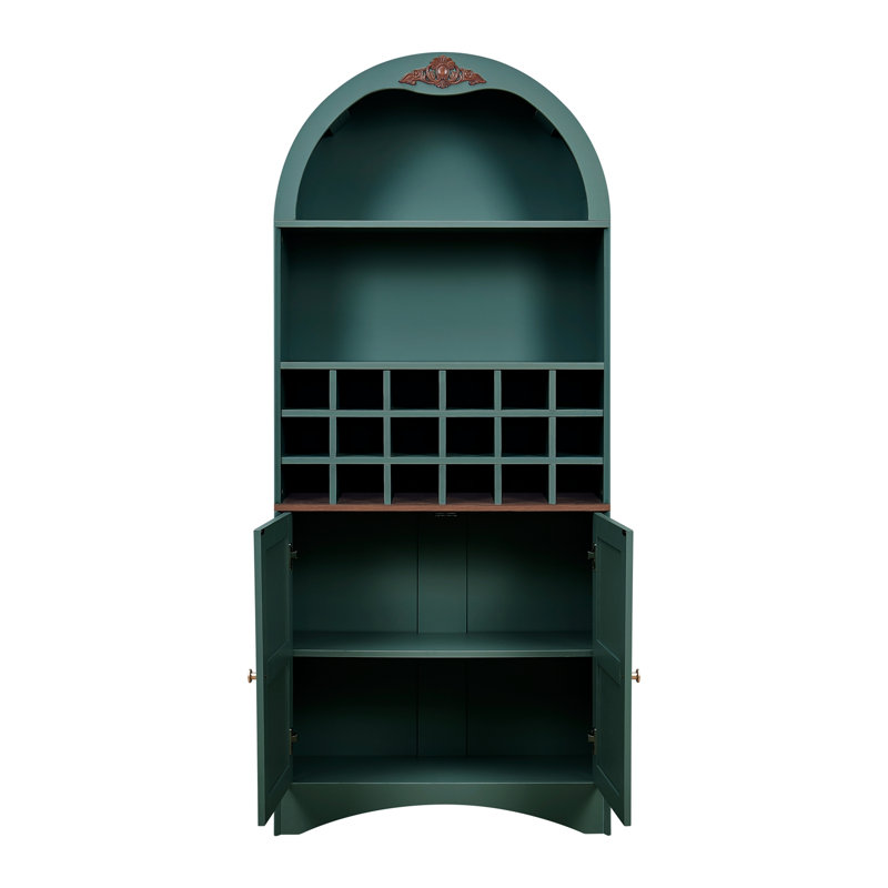 Armoire arquée en bois avec support à vin amovible et tablettes réglables, Vert